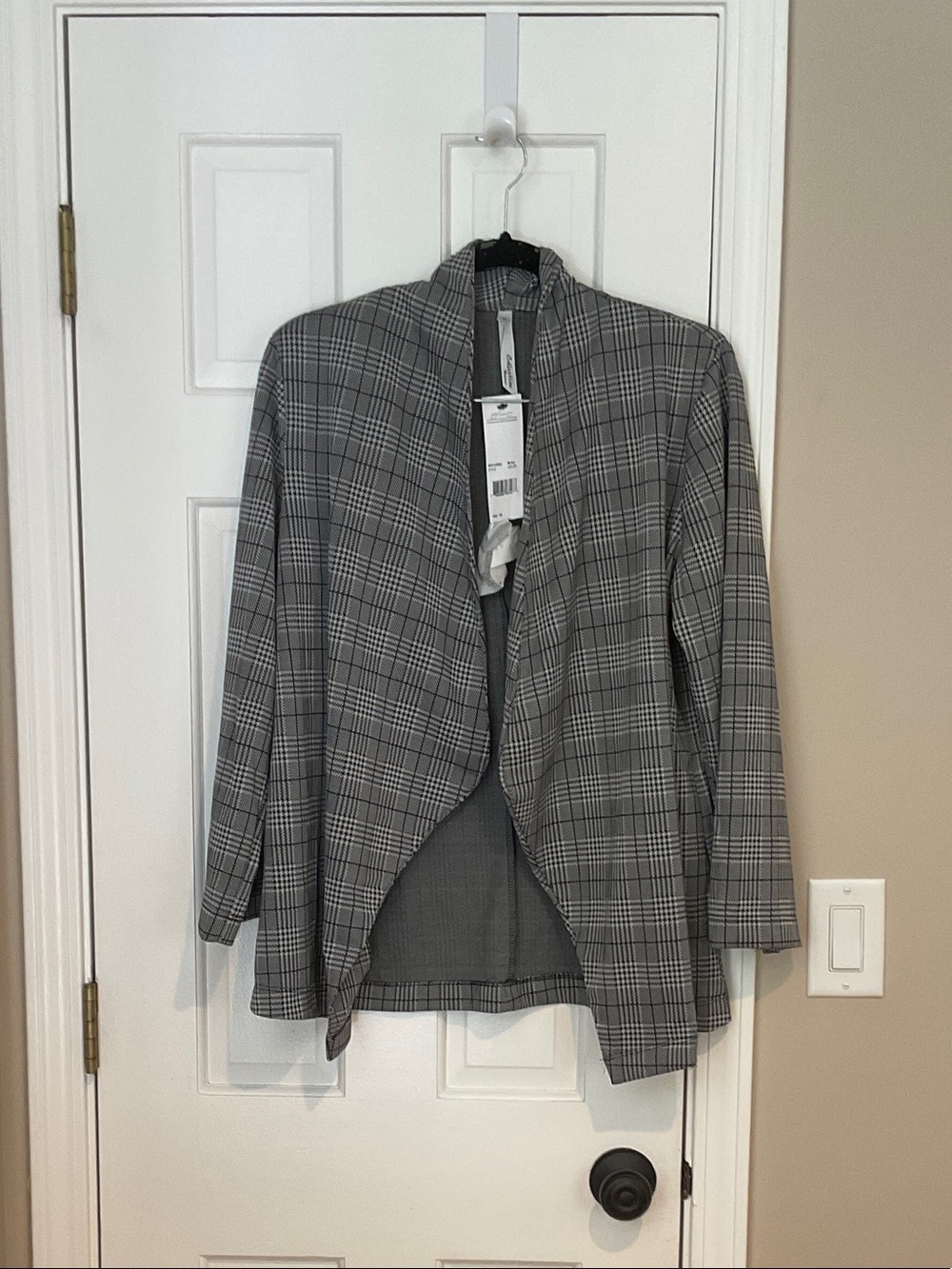 NY Collection Gray Plaid Draped Open-Front Blazer